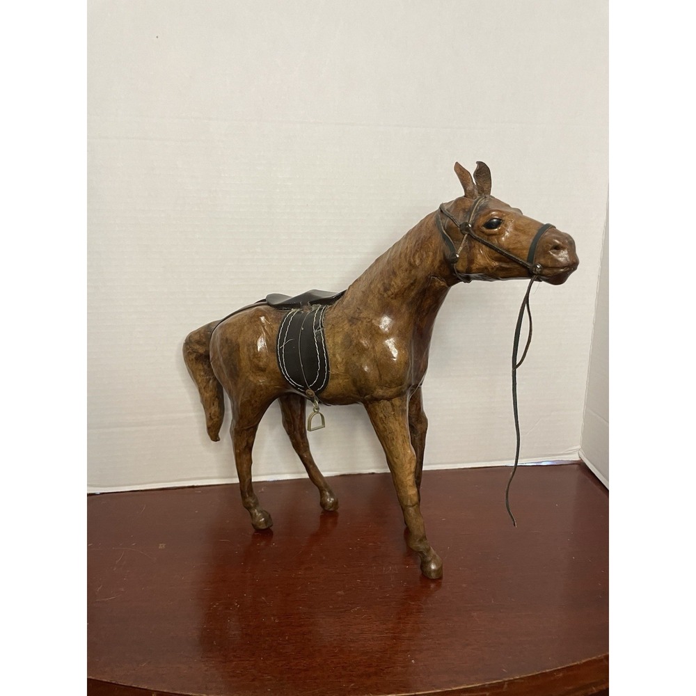 Vintage Handmade In India Leather Wrapped Horse Figure Statue With Saddle